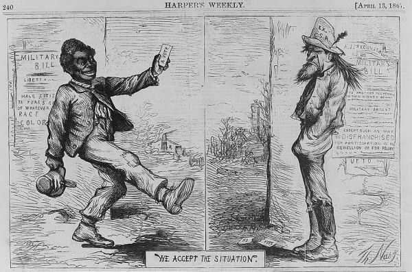 A split-frame illustration titled We Accept the Situation shows a smiling Black man on the left holding up a slip of paper labeled A Vote. On the right, a somber white man with a beard and a hat labeled Ex C.S.A. stands with his hands behind his back near two slips of paper on the ground labeled No Vote.